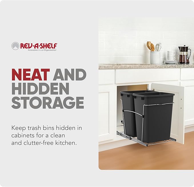 Rev-A-Shelf RV-18KD-18C S Double Pullout Trash Can for Kitchen Cabinets 35 Qt Garbage Recycling Bin on Full Extension Slides, Black