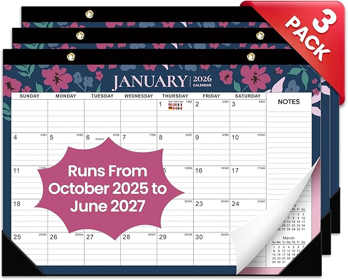 3 Pack of Desk Calendar 2026, 21 Months Calendar Runs from October 2025 to June 2027 - Large 17" x 12" Desktop/Wall Monthly Planner for Home School, or Office - Twilight Petals