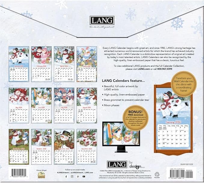 Lang Sam Snowman 2026 Wall Calendar – 12-Month Calendar with Stapled Binding, Whimsical Snowman Artwork by Susan Winget, 13.4" × 12"