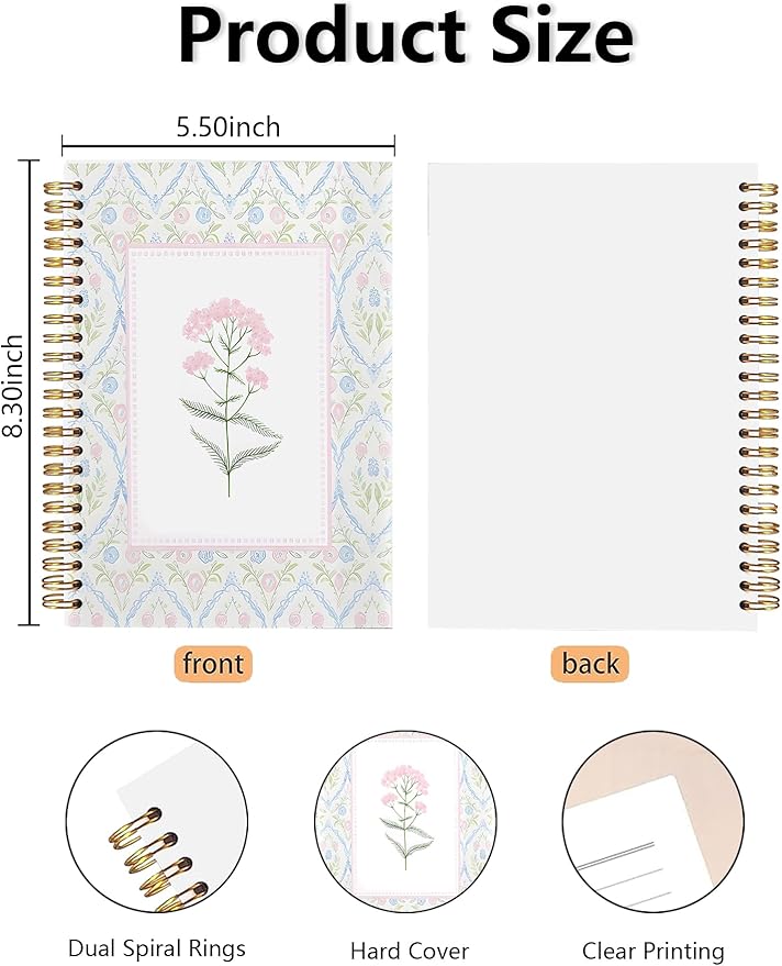 BitKan Pink and Blue Floral Spiral Notebook, Grandmillennial Wild Flower Journal for Women, Pastel Preppy Botanical Aesthetic Notebook 5.5x8.3 Inch, Preppy Office Supplies-365
