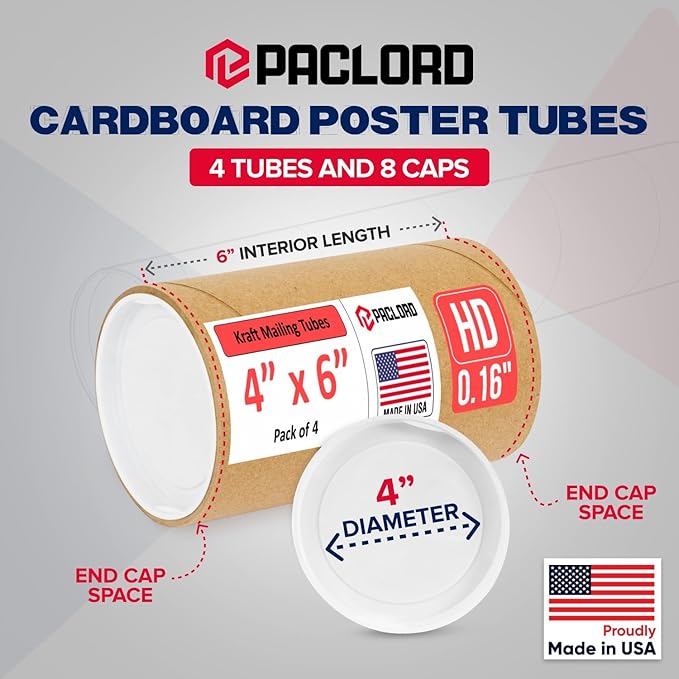 Paclord 4" x 6" Heavy-Duty Reinforced Cardboard Mailing Tube, Pack of 4 Tubes with 8 Caps – Secure USPS Approved – Great for Shipping and Storing of Prints, Artwork, Posters or Documents