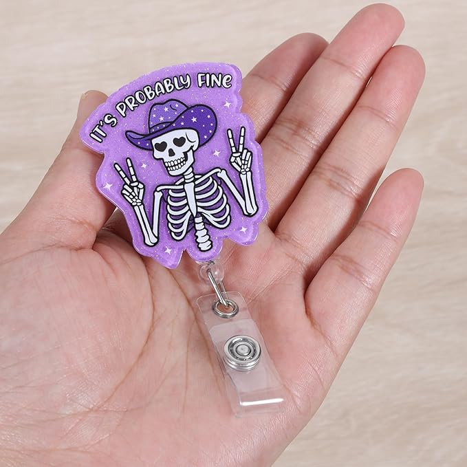 It's Probably Fine Funny Cowboy Skeleton Nurse Badge Reel, Cute Radiology X-ray Retractable ID Card Badge Holder, Name Tag Badge Clip for RN Nurse Nursing Student Radiologist Doctor Medical Workers