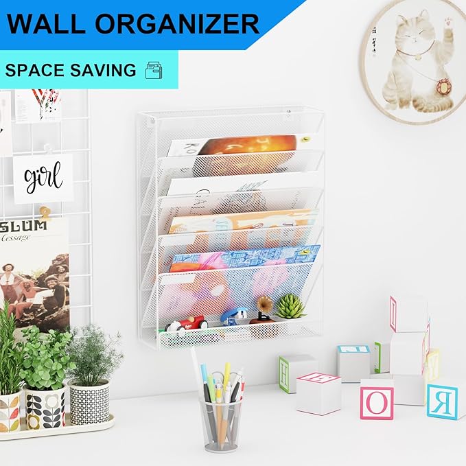 GDINDINFAN Wall File Organizer Holder Mesh Hanging Paper Document Holder,Vertical 6 Pocket Tier for Office Home, White