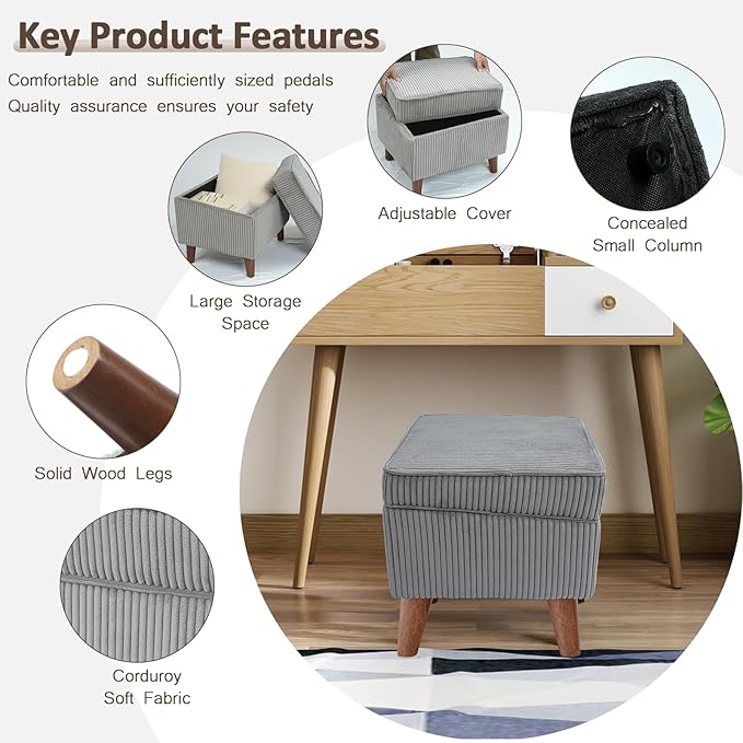 FAGAGA Storage Ottoman with Adjustable Lid, Soft Step Stool, Footrest and Seat, Ottoman Foot Rest for Living Room, Bedroom, Dorm, Light Gray