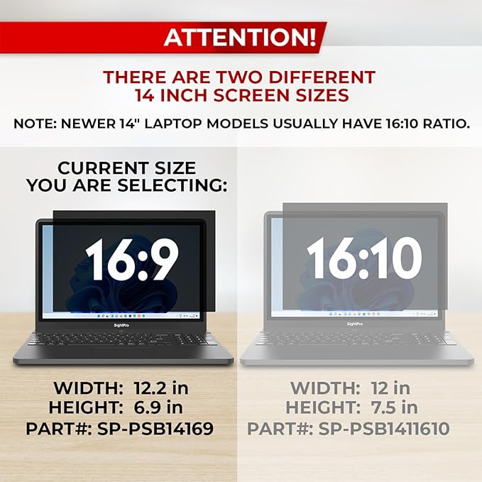 SightPro 14 Inch 16:9 Laptop Privacy Screen Filter - Privacy Shield and Anti-Glare Protector
