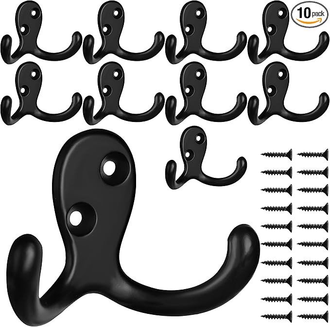 IBosins 10 Pack Heavy Duty Double Prong Coat Hooks Wall Mounted with 20 Screws Retro Double Hooks Utility Hooks for Coat, Scarf, Bag, Towel, Key, Cap, Cup, Hat