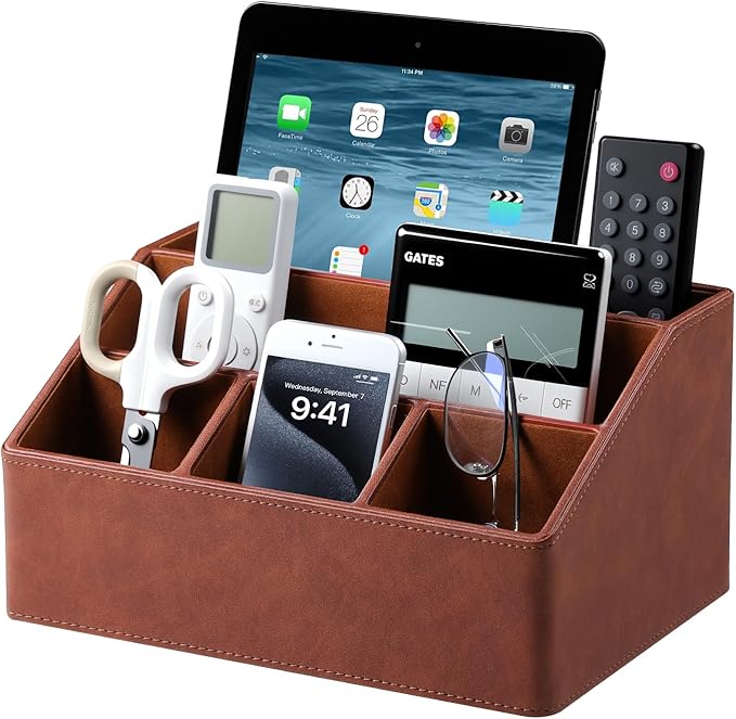 Cretkhp Remote Control Holder with 5 Compartments for Office Art Supplies, PU Leather Nightstand Organizer Pencil Pen Desk Caddy for Home, Desktop TV Remote Control Organizer Storage (Brown)