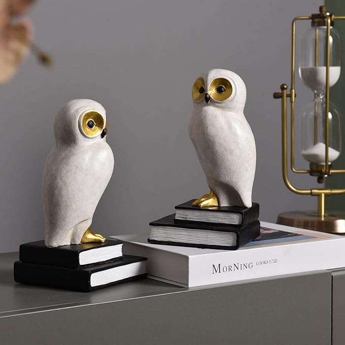 Kakizzy Book Ends for Shelves, Owl Decorative Bookends Bronze Bird Book Stopper Unique Kids Book Holders with Anti-Slip Base Luxurious Bookends for Kids Rooms Office Home Decor(White)