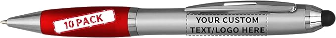 DISCOUNT PROMOS Custom Stylus Ballpoint Pens Set of 10, Personalized Bulk Pack - Black Ink, Great for Office, School, Business, Tradeshows, Events - Red