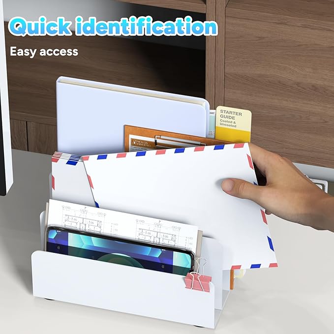 OUTIOE Mail Organizer Countertop, Small Desk File Organizer, Metal File Holder - Essential Workspace Organizers for Office Desk, Home Office (White)