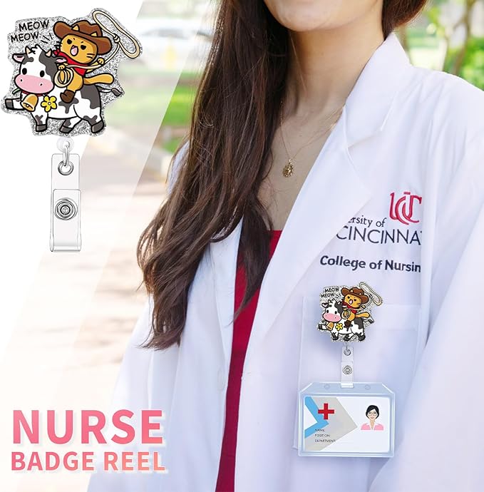 Aoryalps Meow Meow Retractable Badge Reel Holder Retractable with ID Clip for Nurse Nursing Name Tag Card Nursing Student Teacher Doctor Medical Assistant Work Office Clip-Gifts for Nurse