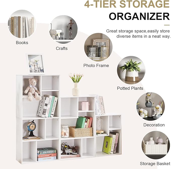 VECELO Wide Bookshelf Set, Fits 9.3" × 10-12.8" Hardcovers, Cube Storage Bookcases, Free-Standing for Living Room, Bedroom, Home Office, 3/4-Tier, 2-Pack, White