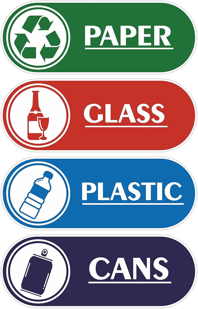 4PCS Recycle Stickers for Trash Bins,Self-adhesive Waterproof Trash Recycle Stickers, Recycling Labels for Trash Can, Home, Office, Apartment, Hotel, School and Public Area