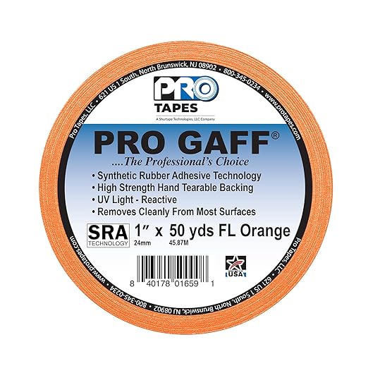 1" Width ProTapes Pro Gaff Premium Matte Cloth Gaffer's Tape With Rubber Adhesive, 50 yds Length x, Fluorescent Orange (Pack of 1)