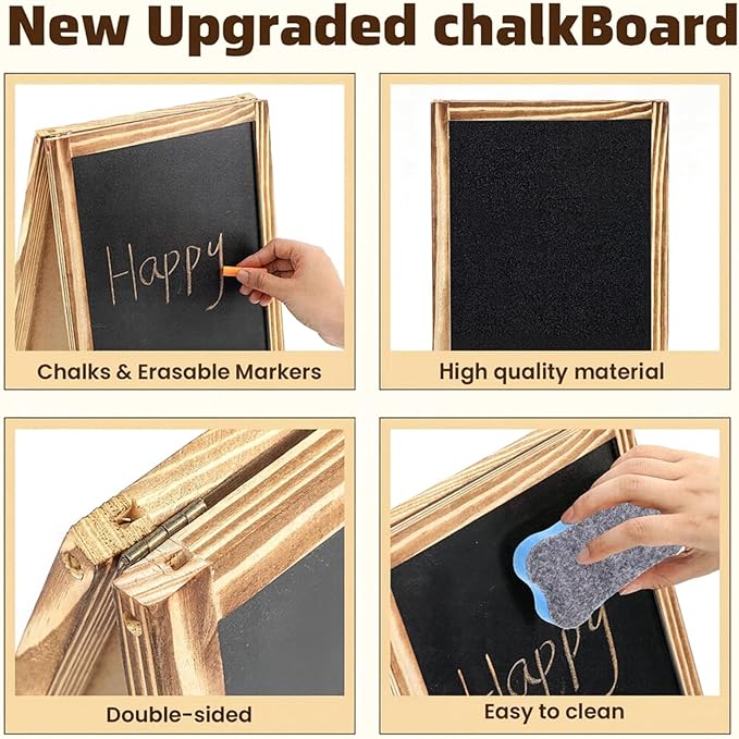 Henoyso 2 Pcs 16" x 10" Small Chalkboard Easel Tabletop Chalkboard Signs Menu Wooden A Frame Sandwich Board for Table, Double Sided with 2 Erasers for Bar Parties Display Home Decor(Brown)