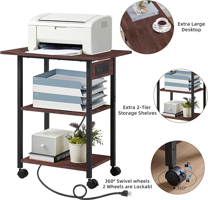 Lerliuo 3-Tier Printer Stand with Charging Station, Industrial Mobile Printer Table with Storage Shelf and Steel Frame, Rolling Printer Cart Holder with Lockable Wheels for Home, Office (Walnut)