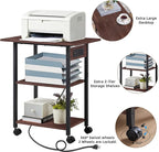 Lerliuo 3-Tier Printer Stand with Charging Station, Industrial Mobile Printer Table with Storage Shelf and Steel Frame, Rolling Printer Cart Holder with Lockable Wheels for Home, Office (Walnut)