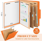 12 Pcs Classification Folders Letter Size 3 Pocket Dividers Employee File Folder with 2 Prongs Fasteners, 2 in Expansion Heavy Duty Pressboard File Holder for School Office Medical Document(Orange)