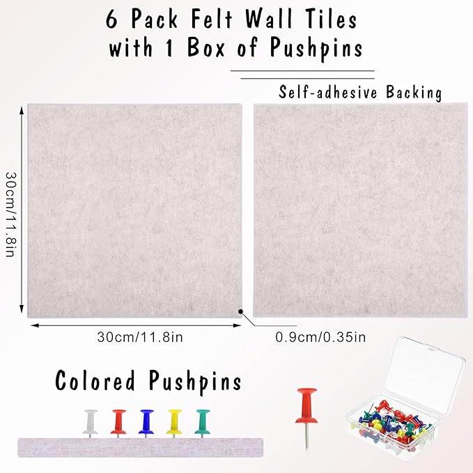 Thboxes Large Cork Board 36" x 24", 6 Pack Felt Wall Tiles with Colored Pushpins, Bulletin Board with Removable Self-Adhesive Strips, Pin Boards Cork Boards for Walls Office Home-Light Tan