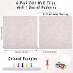 Thboxes Large Cork Board 36" x 24", 6 Pack Felt Wall Tiles with Colored Pushpins, Bulletin Board with Removable Self-Adhesive Strips, Pin Boards Cork Boards for Walls Office Home-Light Tan