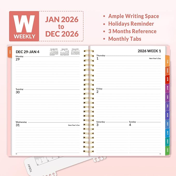 SUNEE 2026 Weekly and Monthly Planner - from January 2026 - December 2026, Daily Agenda Planner with Monthly Tab, Flexible Cover, Note Pages, Pockets, Bookmark, Spiral Binding, Pink, 6.4" x 8.3"