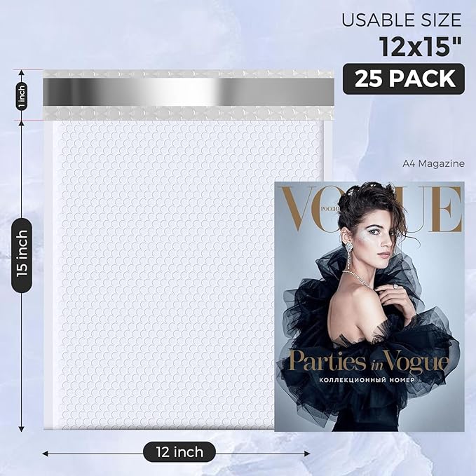 Metronic Large Bubble Mailers 12x15 Inch 25 Pack Waterproof Padded Envelopes White Bubble Envelopes Opaque Cushioning Mailer for Shipping Clothes, Books,Jewelry Makeup Supplies