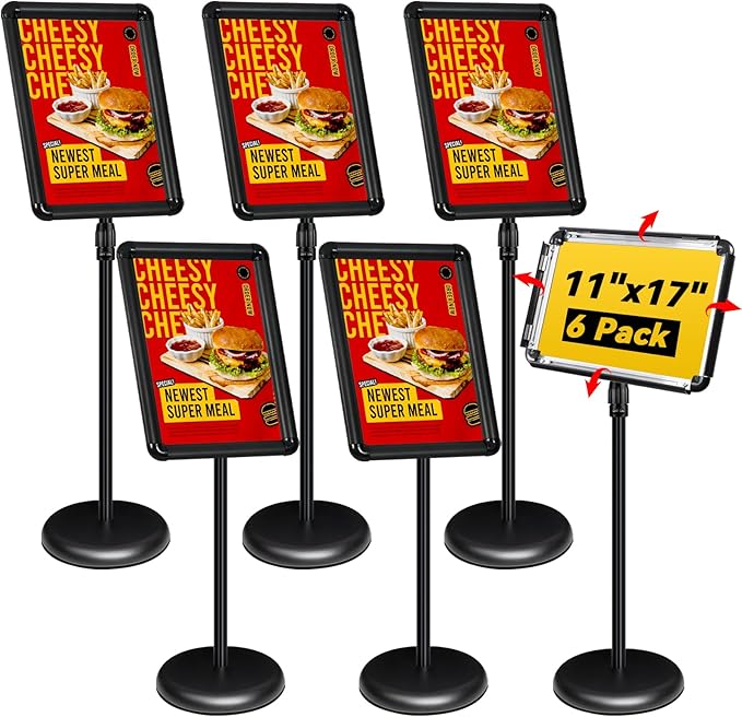 INNOVSIGN 6Pack Adjustable Pedestal Sign Holder - 11''x17'', Floor Standing Poster Stand for Vertical/Horizontal View, Outdoor/Indoor Sign Holders (Black, Round)