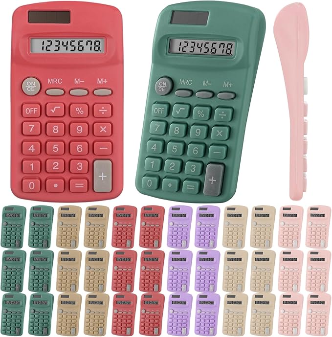 Tellegloww 36 Pcs Pocket Size Basic Calculators Bulk for Classroom Solar Battery Dual Power Display Calculator 8 Digit Colored Basic Calculator for Kids Student School Office