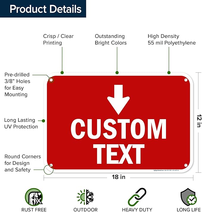 Custom Arrow,Custom Directional Sign, Down Arrow,12x18 Inches, 55 mil thick HDPE (high density polyethylene) Made in USA by My Sign Center