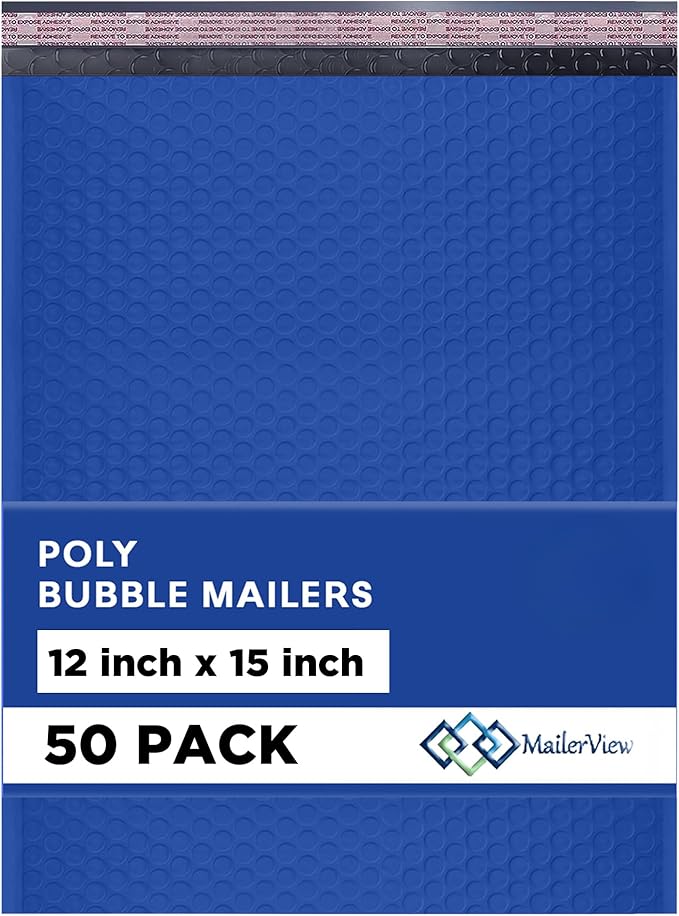 Royal Blue Large Poly Bubble Mailers 12x15 inch | Self Seal Padded Envelopes Cushioned Bubble Mailer | Usable Size 12x15 | WaterProof | Lightweight mailing Shipping Bags | 50 Pack Bulk