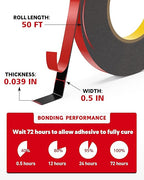 HitLights Double Sided Tape Heavy Duty, 1/2 in x 50 ft, Adhesive Mounting Tape Waterproof, Strong Double Stick Foam Tape for Walls Poster Automotive Outdoor Home (Pack of 1)