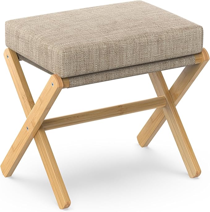 BAMBOOHOMIE Foldable Foot Stool Ottoman, Modern Foot Rest with Bamboo X Legs & Thick Foam Cushion, Folding Foot Stools Small Padded for Bedroom Living Room, Footstool for Chair Couch (Natural - Brown)