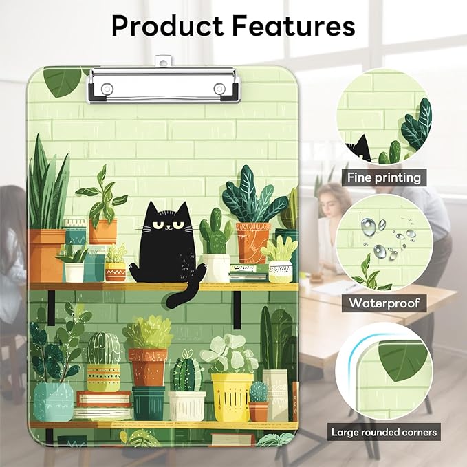 Luminzo Plastic Cute Clipboard Low-Profile Metal Clip, A4 Letter Size 9 x 12.5 in, 8.5 x 11 Paper Clip Board for Teachers, Nurses, Classroom,Cafe Black Cat