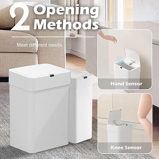 ELPHECO Bathroom Trash Can with Lid, 2 Pack Automatic Garbage Can, 2.5 Gallon + 4 Gallon Motion Sensor Smart Bathroom Decor, Slim Waterproof Trash Bins for Bedroom, Office, Living Room, White