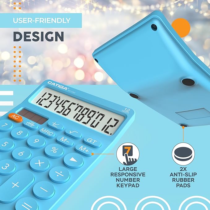 CATIGA 12 Digit Desktop Calculator Basic Desk Calculator with Large LCD Display, Big Buttons, 4 Function, Solar and Battery Dual Power, for Office, School, Home, SD-1292 Blue