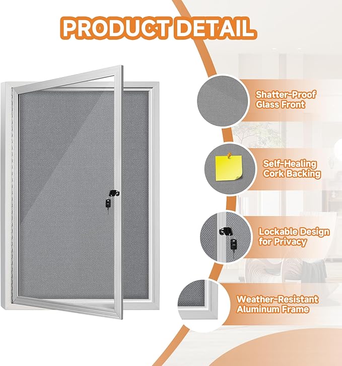 Enclosed Bulletin Board with Locking Door, Outdoor Bulletin Board Weatherproof, Lockable Display Case for Home, Office, and Community Use(23.6“L x 35.4" W Gray)