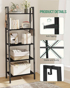 Hzuaneri Ladder Shelf, Bookshelf Bookcase, Freestanding Corner Storage Shelve with 2 Hooks for Home Office, Living Room, Kitchen, Bedroom, Industrial, 11.8" D x 23.6" W x 63" H, Black BC19304B