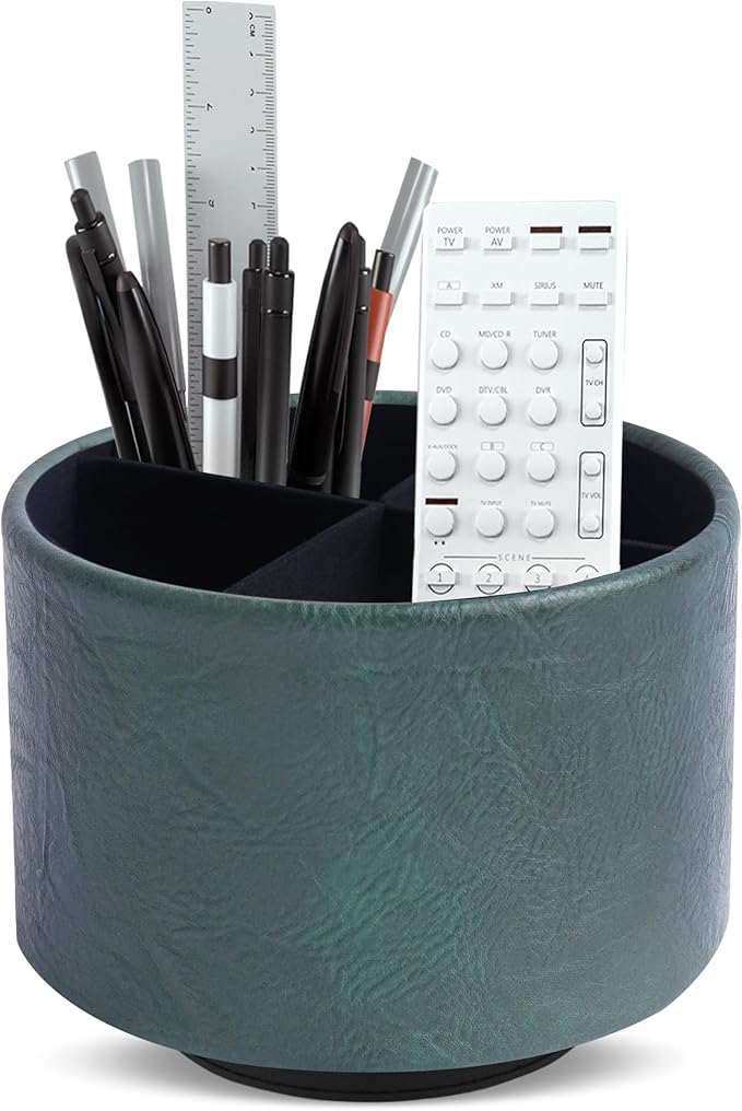 Hennaja Round Leather Art Supply Organizer,Remote Control Holder,360 Degree Spinning,Multi-Functional Pencil Holder,4 Compartments Desktop Stationary Organizer(1-Crazy Green)