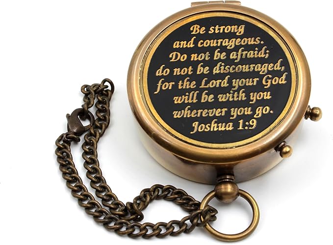 Be Strong and Courageous, Do Not Be Afraid Brass Engraved Compass with Stamped Wooden Case – Inspirational Birthday, Confirmation, and Baptism Gifts