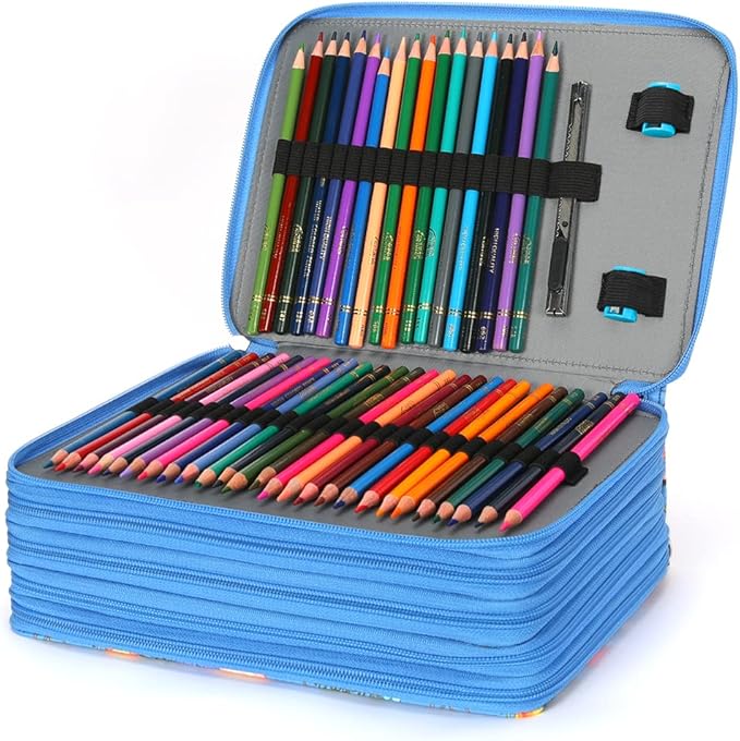 Vomgomfom Colored Pencil Case - 252 Slot Holder with Zipper Closure, Twill Fabric Large Capacity Pencil Case for Watercolor Pens, Markers, Artist Organizer (Blue Flower)