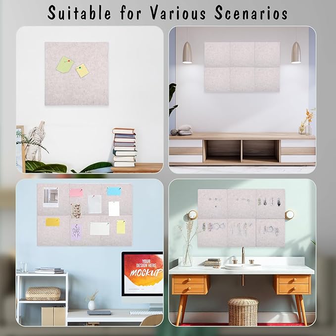 Thboxes Large Cork Board 36" x 24", 6 Pack Felt Wall Tiles with Colored Pushpins, Bulletin Board with Removable Self-Adhesive Strips, Pin Boards Cork Boards for Walls Office Home-Light Tan