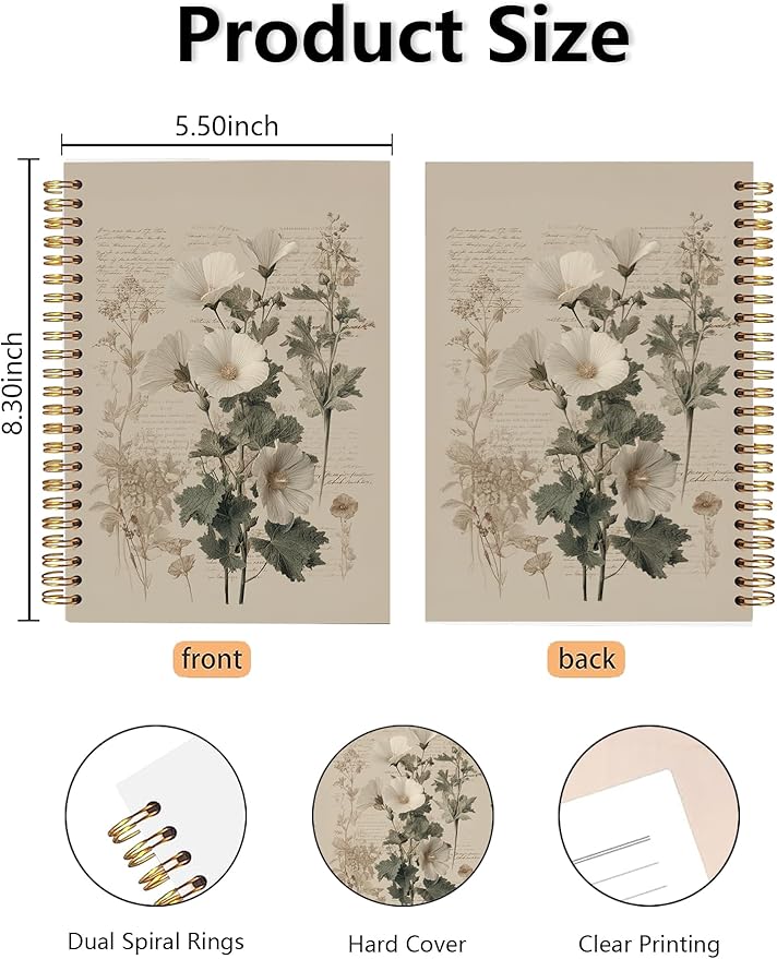 BitKan Vintage Floral Spiral Notebook, Classical Floral Botanical Aesthetic Journal Supplies, Flower Journal for Women, Retro Rustic Flower Notebook 5.5x8.3 Inch-384