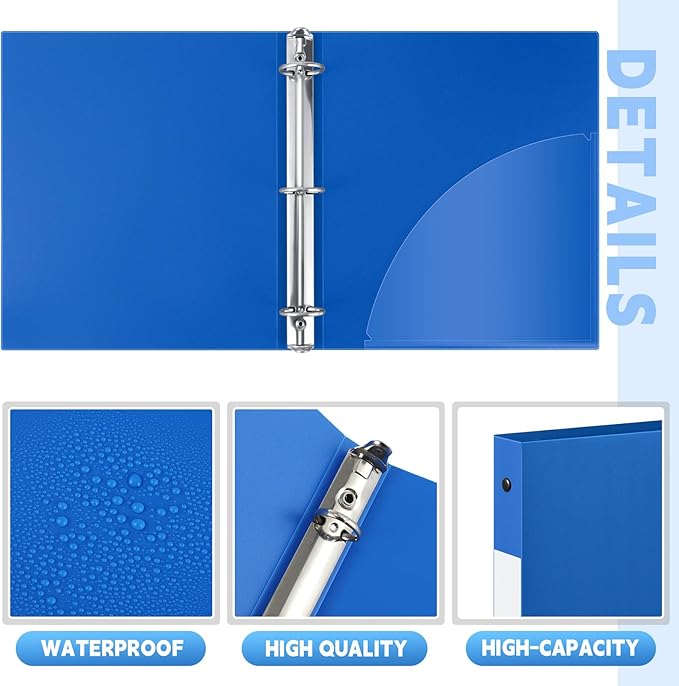 Henoyso 36 Pcs 3 Ring Binder 0.5 Inch Round Fits Letter Size 8.5'' x 11'' Paper Plastic Flexible Binder Bulk Holds 140 Sheets with 1 Pockets Versatile Organizer for Home Office School (Blue)