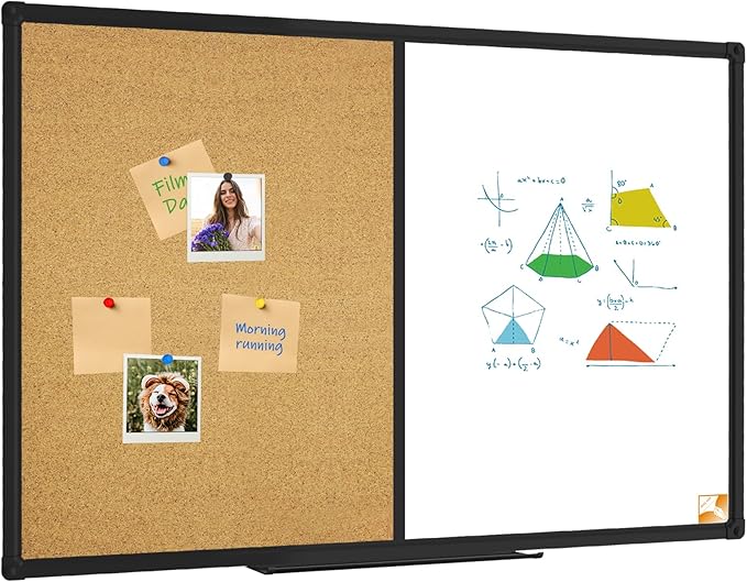 XBoard Magnetic whiteboard 48x 36 - Combo Whiteboard Dry Erase Board/Cork Board, Magnetic White Board + Corkboard with Black Aluminum Frame, 10 Colorful Push Pins & Marker Tray Included