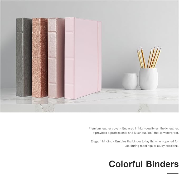 Ospelelf Vintage Hardcover 3 Ring 1 inch Leather Binder, Professional Binders Organizer Suitable for Letter Size Documents, Binder Dividers with Tabs, Faux Pink Leather