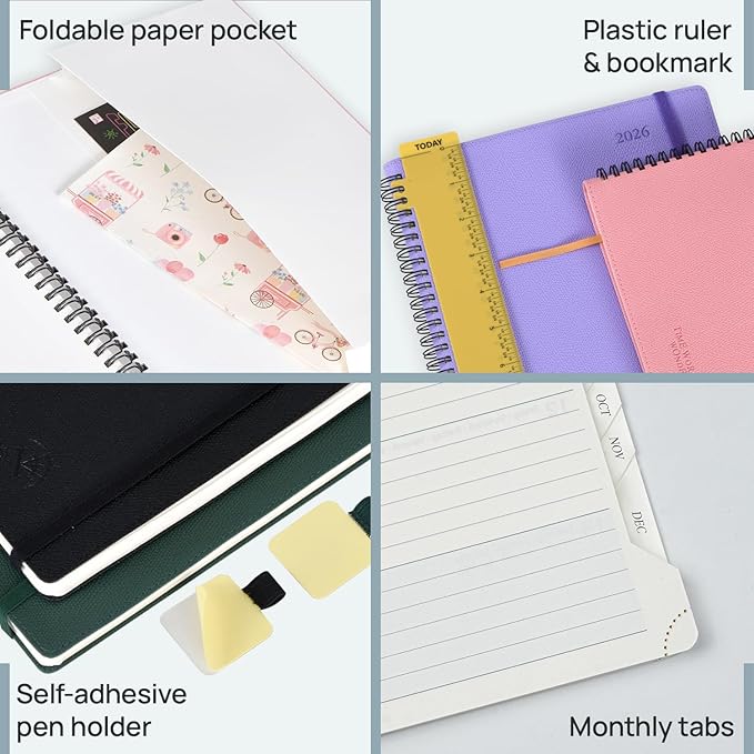 POPRUN 2026 Weekly and Monthly Planner Calendar, January 2026 - December 2026,Large 8.5'' x 10.5'' Spiral Bound Appointment Book, Includes Monthly Tabs, Inner Pocket,Soft Cover - Lavender