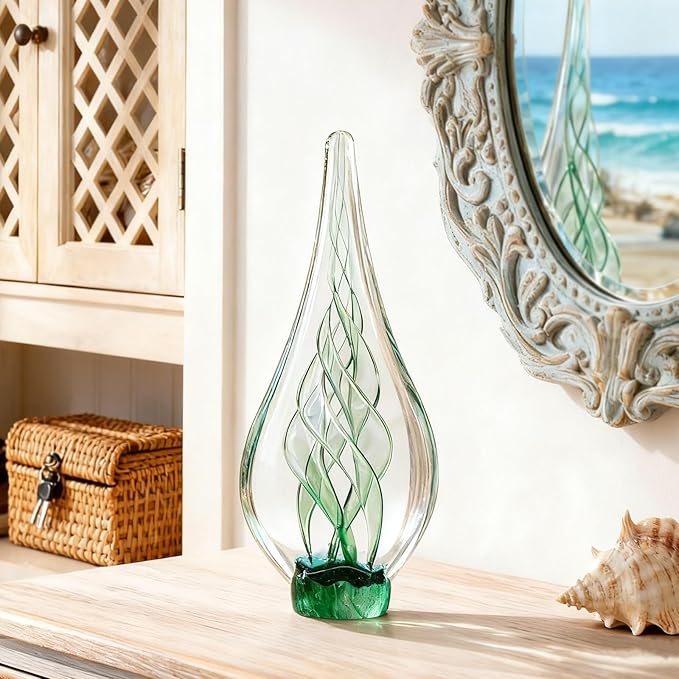 9" Tall Sculpture Hand Blown Glass Decor, Paperweight for Office Desk, Modern Glass Art Figurines Mediterranean Beach House Decor, Living Room Coffee Shelves Table Top Decoration (Swirl Green)
