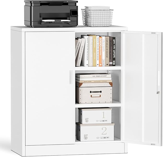 TaskStorz Metal Garage Storage Cabinets，36" Steel File Cabinet with 2 Adjustable Shelves, Lockable Storage Cabinets for Office, Home, Garage, Warehouse 36" H x 32" W x 16" D (White)