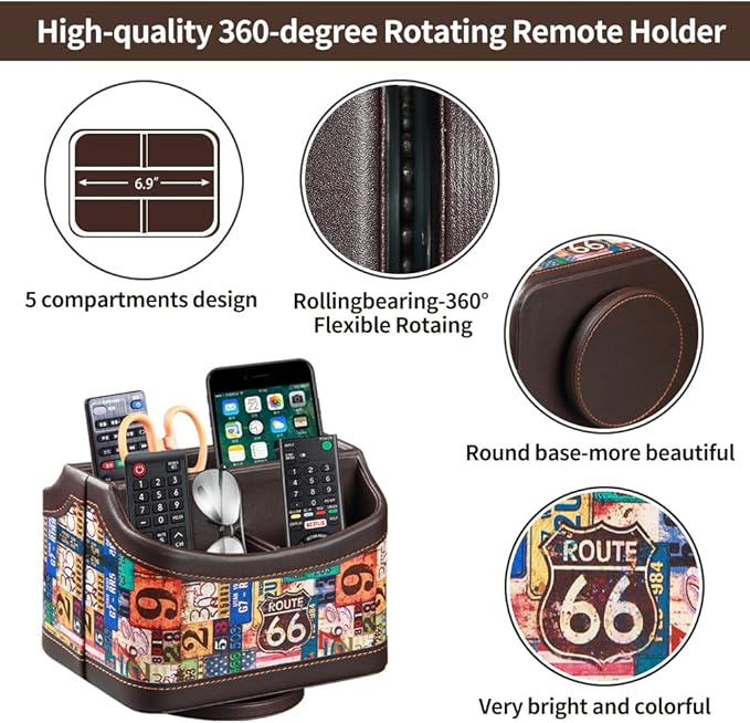 PUSU Remote Control Holder, Colorful Pattern Nightstand TV Caddy, PU Leather 360 Degrees Rotatable Desktop Organizer Storage Box for TV Remotes/Media Controllers/Office Supplies