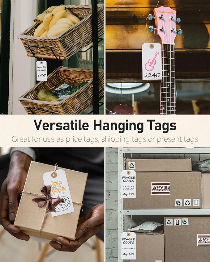 Uniclife 100 Pcs Manila Tags White Blank Shipping Tags with Wire Attached 4.7 Inch Paper Hang Tag with Reinforced Eyelet Large Marking Writable Price Label Tag, 4.7" x 2 3/8"
